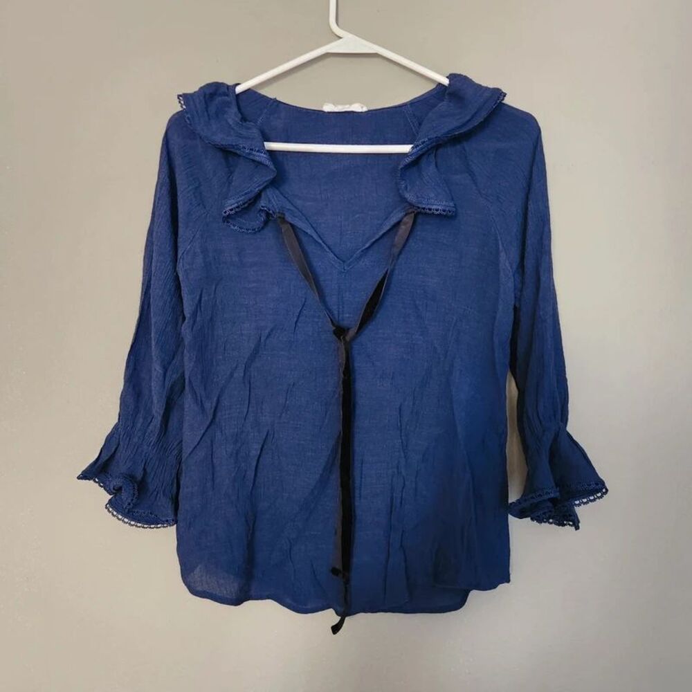 E & M Blue Ruffled, Flared, Lace Trim  Blouse, Small
